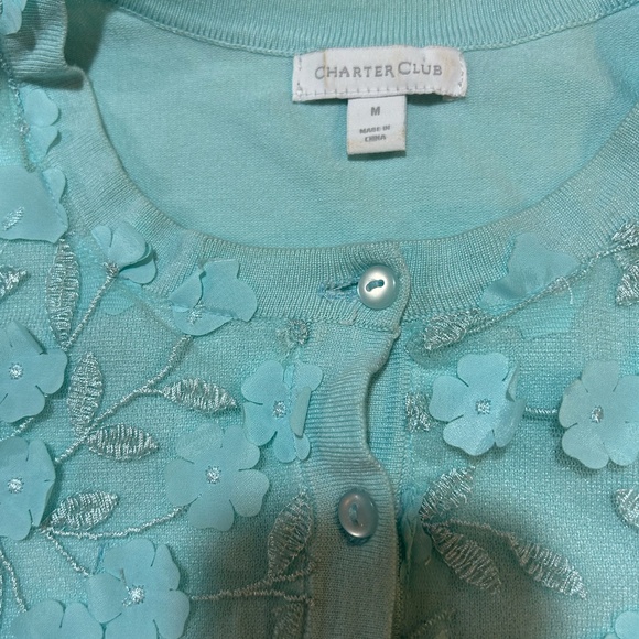 Charter Club Blue Chiffon 3D Floral Embellished Crew Neck Cardigan - Picture 7 of 9